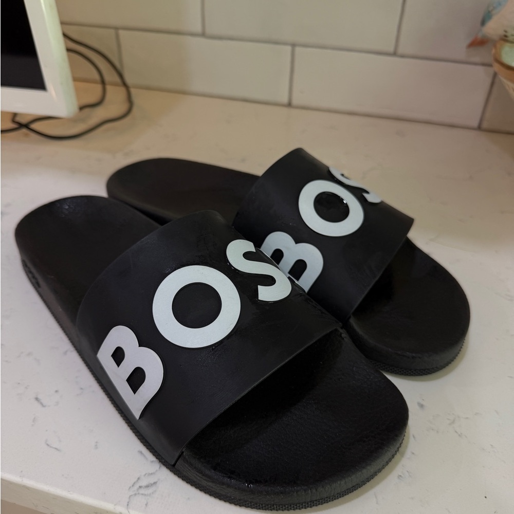Black Slide Sandals with White Lettering